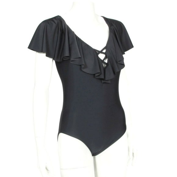 NEW OCEAN BLUES Sexy Ruffle Layered One Piece Swimsuit Black Women's Small - 648 - Picture 4 of 7
